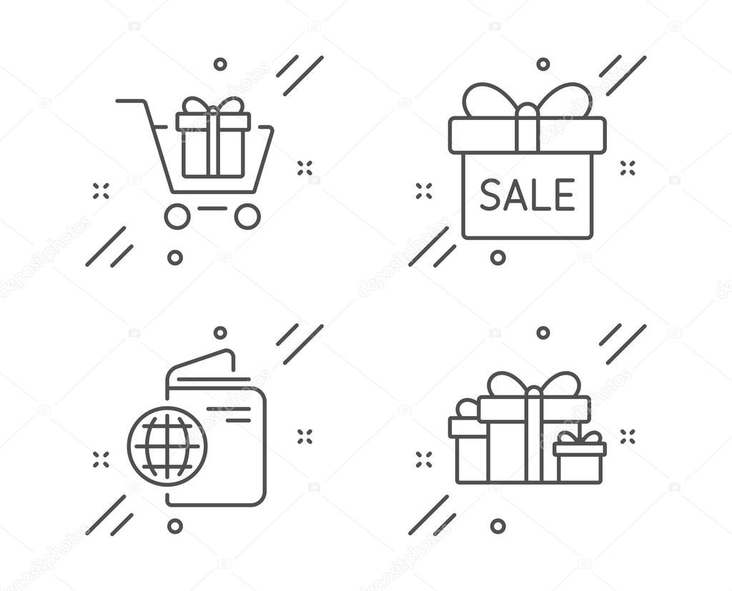 Shopping cart, Travel passport and Sale offer icons set. Holiday