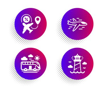 Uçak, uçuş satışı ve otobüs seyahat simgeleri ayarlandı. Deniz feneri işareti.