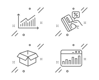 Grafik, kredi kartı ve açık kutu simgeleri seti. Pazarlama istatistiği