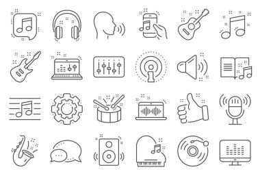 Müzik çizgisi simgeleri. Akustik gitar seti, müzikal nota ve Vinil