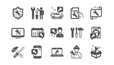 İkonları onar. Çekiç, tornavida ve somun anahtarı. Klasik simge