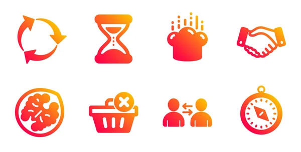 Comunicación, sombrero de cocina e iconos de tiempo establecidos. Eliminar compra , — Vector de stock