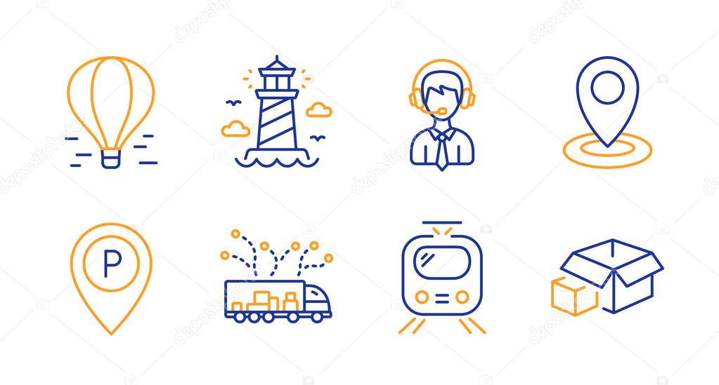 Shipping support, Air balloon and Lighthouse icons set. Parking,