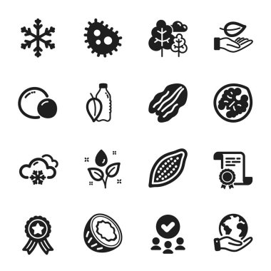 Yaprak, Kakao fındığı gibi doğa ikonları. Sertifika, onaylı grup, gezegeni kurtarma. Kar tanesi, bitki sulama, kar havası. Bakteri, ağaç, ceviz. Hindistan cevizi, ceviz, su şişesi. Vektör
