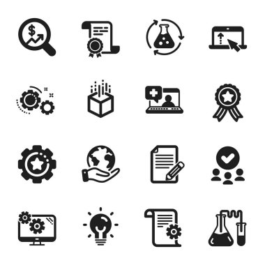 Tıbbi yardım ve ekipman gibi bir takım bilim simgeleri. Sertifika, onaylı grup, gezegeni kurtarma. Ayarlar, para denetimi, makale. Artırılmış gerçeklik, kaydet, teknik belgeler. Vektör