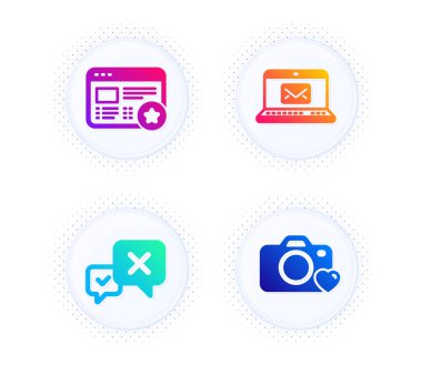 Favori, Reddet ve E- posta simgeleri basit seti. Yarım tonlu noktalı düğme. Fotoğraf makinesi işareti. Yıldız geribildirimi, Sil mesajı, Yeni mesaj. Aşk fotoğrafları. İş seti. Gradyan düz favori ikon. Vektör