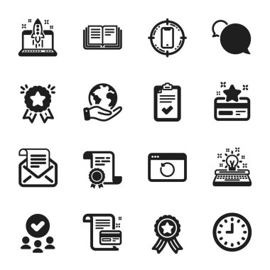 Ödeme kartı, eğitim gibi bir dizi teknoloji ikonu. Sertifika, onaylı grup, gezegeni kurtarma. Posta bülteni, saat, işe başla. Kıdemli yıldız, sadakat kartı, kontrol listesi. Vektör