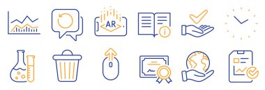 Çöp kutusu, Ticaret bilgi tablosu gibi bir dizi bilim simgesi. Sertifika, gezegeni kurtar. Rapor listesi, Artırılmış Gerçeklik, Geçiş. Teknik bilgi, zaman, kimya laboratuvarı. Vektör