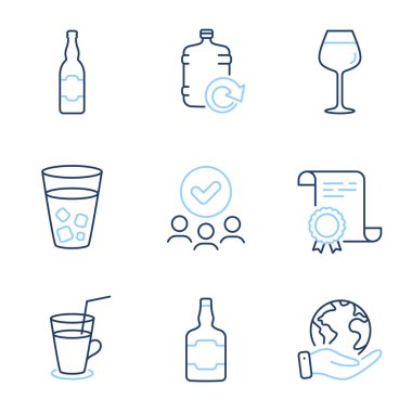 Bira şişesi, doldurma suyu ve kokteyl çizgisi simgeleri hazır. Diploma sertifikası, gezegeni kurtarmak, bir grup insan. Viski şişesi, buzlu çay ve Bordeaux cam tabelaları. Vektör