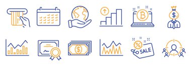 Satış, iş hedefleme gibi finans ikonları. Sertifika, gezegeni kurtar. Ödeme, Bitcoin, Yatırım. Müdür, Infochart, Kredi kartı. Grafik çizelgesi, takvim çizgisi simgeleri. Vektör