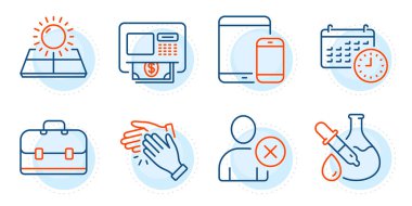 El çırpma, portföy ve mobil cihaz işaretleri. Güneş enerjisi, Kullanıcı Sil ve Atm çizgi simgeleri ayarlandı. Kimya deneyi, takvim sembolleri. Güneş panelleri, profili kaldır. İş seti. Vektör
