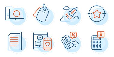 Hesap makinesi, yıldız hedefi ve sosyal medya işaretleri. Kurtarma bilgisayarı, satış etiketleri ve dosya satırı simgeleri ayarlandı. Kredi kartı, Startup roket sembolleri. Yedek bilgiler, indirimli etiketler. Teknoloji hazır. Vektör