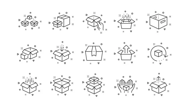宅配ボックス 貨物箱 ボックスラインアイコン 貨物の流通 輸出ボックス リターン小包アイコン 商品の出荷 オープンパッケージ 線形集合 幾何学的要素 — ストックベクタ