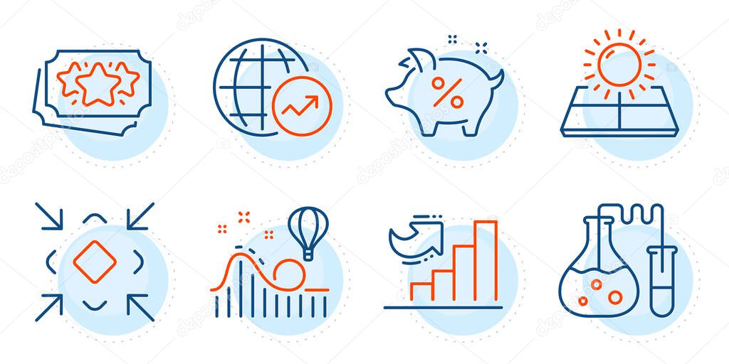 Loan percent, Growth chart and World statistics signs. Minimize, Sun energy and Roller coaster line icons set. Loyalty points, Chemistry lab symbols. Small screen, Solar panels. Vector