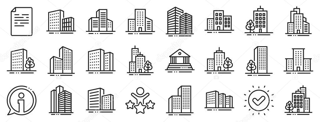 Bank, Hotel, Courthouse. Buildings line icons. City, Real estate, Architecture buildings icons. Hospital, town house, museum. Urban architecture, city skyscraper, downtown. Vector