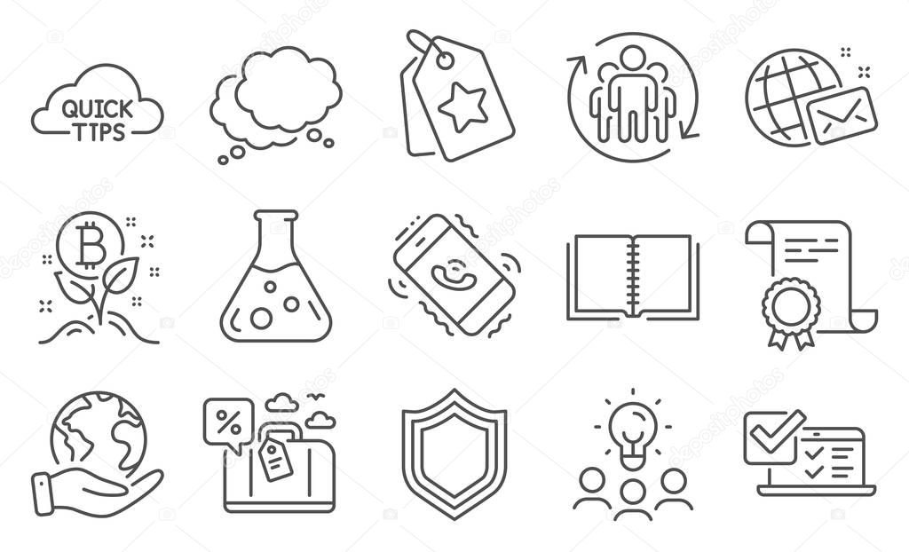 Set of Technology icons, such as Quick tips, World mail. Diploma, ideas, save planet. Speech bubble, Teamwork, Chemistry lab. Security, Travel loan, Call center. Vector