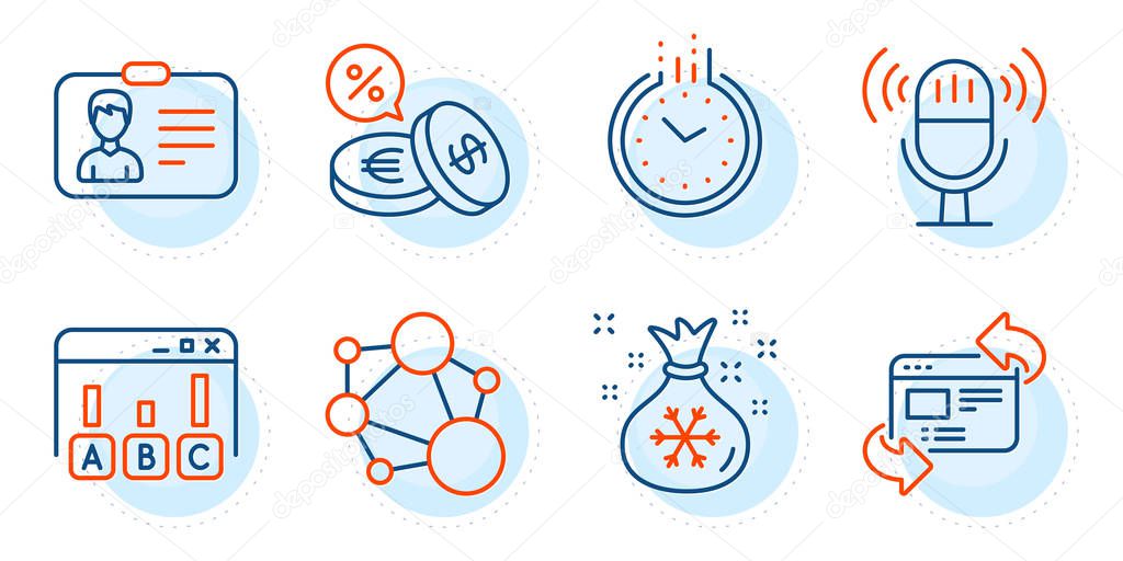 Time, Integrity and Santa sack signs. Refresh website, Identification card and Currency exchange line icons set. Microphone, Survey results symbols. Update internet, Person document. Vector