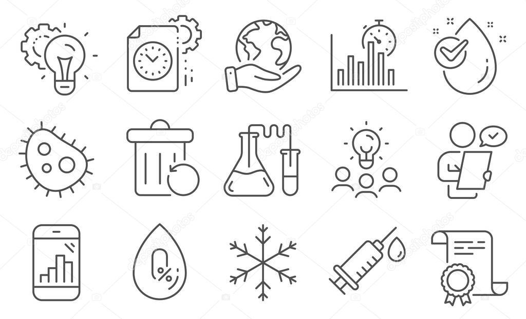 Set of Science icons, such as No alcohol, Snowflake. Diploma, ideas, save planet. Water drop, Graph phone, Recovery trash. Project deadline, Chemistry lab, Idea gear. Vector