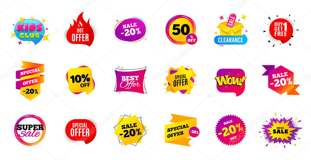 Sale banner tags. Discount price badge. Promotion coupon templates. Black friday shopping icons. Best offer badge. Cyber monday sale banner. Price offer icons. Discount templates. Vector