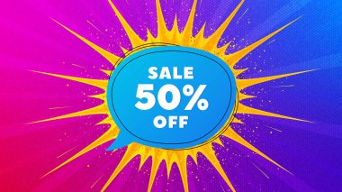 % 50 indirimli balon. İşaret fişeği flaması. İndirimli afiş şekli. Kupon rozeti ikonu. Gradyan şekil arkaplanı. Tanıtım broşürü tasarımı. Satış balonu tanıtımı. Vektör