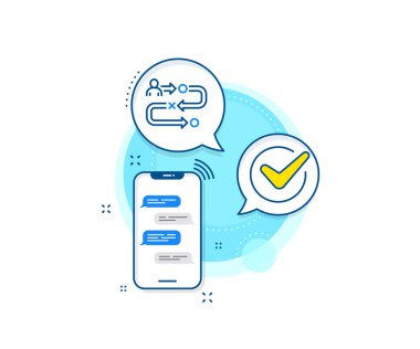 İşlem işareti. Telefon mesajları kompleks simgesi. Seyahat çizgisi simgesi. Haberci sohbet ekranı afişi. Seyahat yolu işareti. Vektör