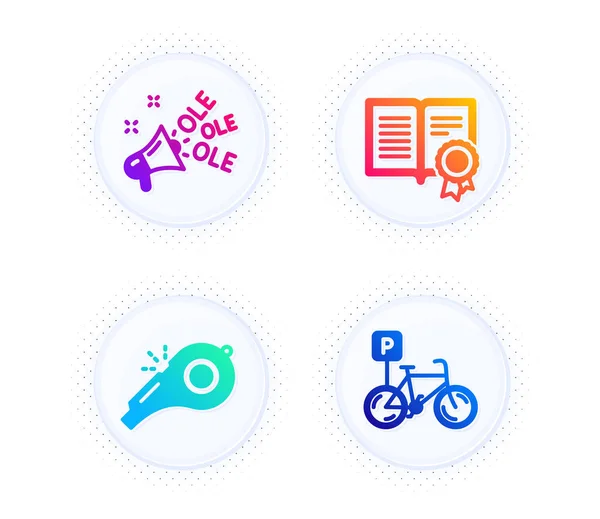 Ole chant, Diploma and Whistle icons simple set. Button with halftone dots. Bicycle parking sign. Megaphone, Document with badge, Kick-off. Bike park. Sports set. Gradient flat ole chant icon. Vector