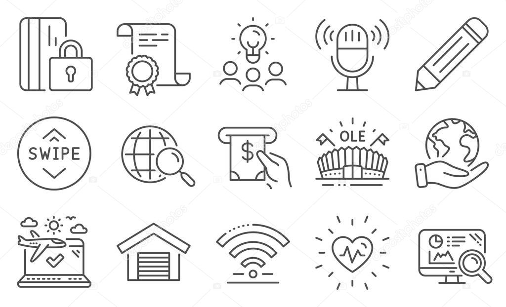 Set of Business icons, such as Blocked card, Heartbeat. Diploma, ideas, save planet. Microphone, Pencil, Sports arena. Swipe up, Atm service, Airplane travel. Vector