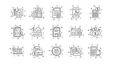 Rapor ver, Hesap Makinesi ve Kontrol Listesi. Muhasebe çizgisi simgeleri. Para doğrusal simgesi ayarlandı. Geometrik elementler. Kalite işaretleri ayarlandı. Vektör