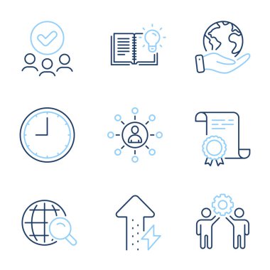 Çalışan ekip çalışması, zaman ve internet arama çizgisi simgeleri ayarlandı. Diploma sertifikası, gezegeni kurtarmak, bir grup insan. Ürün bilgisi, enerji büyümesi ve ağ işaretleri. Vektör