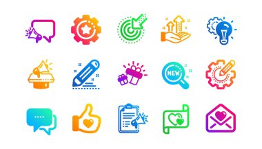 İş stratejisi, megafon ve temsilci. Marka sosyal proje simgeleri. Etki kampanyası, sosyal medya pazarlaması, marka büyükelçileri ikonları. Klasik bir set. Gradyan desenler. Vektör