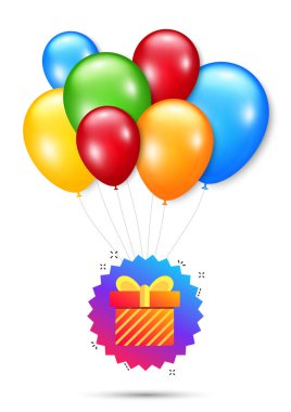 Hediye kutusu rozeti. Rozetli bir avuç balon. İndirimli satış afişi. Kupon hediye ikonu. Mutlu kutlamalar. Renkli helyum parti balonları. Vektör