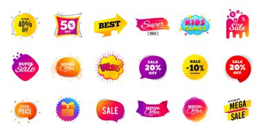 Satış teklifi pankartı. Fiyat etiketleri indirimli. Kupon promosyon şablonları. Kara Cuma alışveriş ikonları. Siber pazartesi indirimi afişi. En iyi teklif rozeti. Fiyat indirimi ikonları. Şablonları dağıt. Vektör