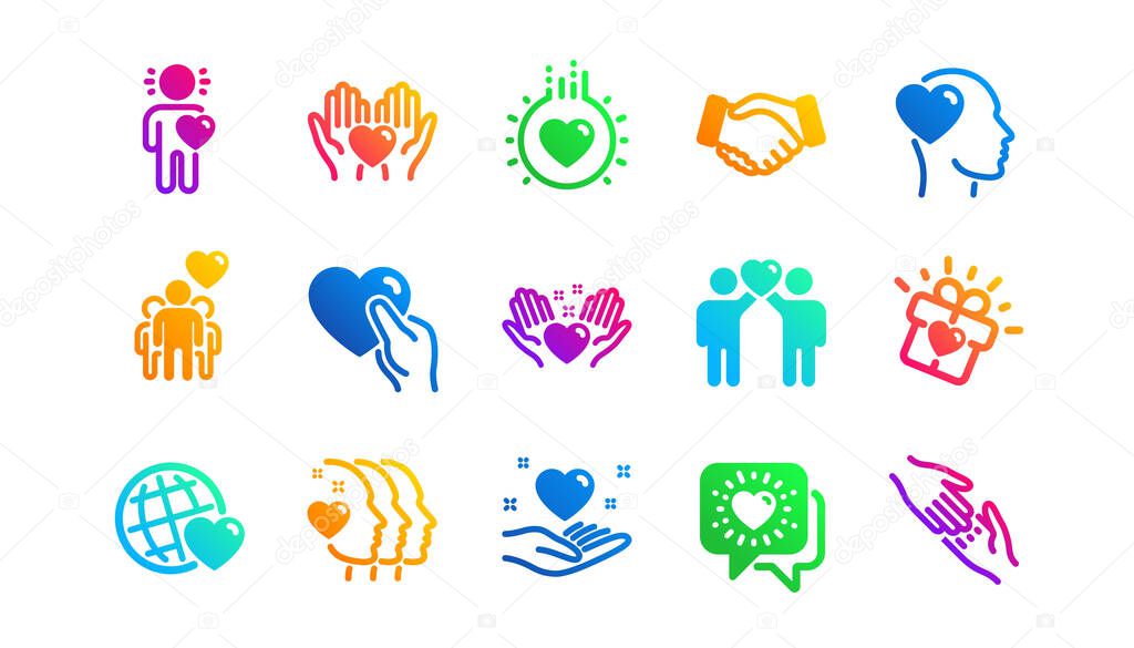 Interaction, Mutual understanding and assistance business. Friendship and love icons. Trust handshake, social responsibility icons. Classic set. Gradient patterns. Quality signs set. Vector