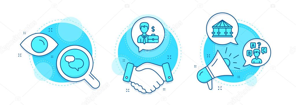Chat message, Carousels and Quiz test line icons set. Handshake deal, research and promotion complex icons. Businessman case sign. Speech bubble, Attraction park, Interview. Human resources. Vector