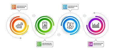 Akıllı telefon istatistikleri, sütun grafiği ve geliştiricilerin sohbet hattı simgeleri ayarlandı. Bilgisel zaman çizelgesi. Eğri işareti talep et. Cep telefonu işi, mali grafik, müdür sohbeti. İstatistiksel rapor. Vektör
