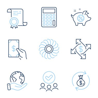 Fan motoru, para değişimi ve hesap çizgisi simgeleri ayarlandı. Diploma sertifikası, gezegeni kurtarmak, bir grup insan. Ödeme borsası, domuz satışı ve para tabelaları. Vektör