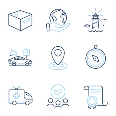 Ofis kutusu, Deniz feneri ve seyahat pusula çizgisi simgeleri ayarlandı. Diploma sertifikası, gezegeni kurtarmak, bir grup insan. Konum, ambulans arabası ve park yeri güvenlik işaretleri. Vektör