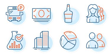 Otobüs parkı, viski şişesi ve gökdelen binaları tabelaları. Kimya laboratuvarı, Kullanıcılar ve Kadınlar kafa avlama çizgisi simgeleri ayarlandı. Pasta grafiği, nakit para sembolleri. Laboratuvar matarası, birkaç kişi. Vektör