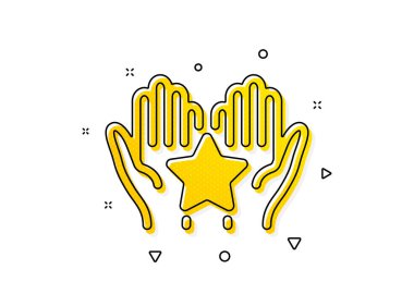 Yıldız işareti tutuluyor. Sıralama simgesi. En iyi rütbe sembolü. Sarı daireler şeklinde. Klasik sıralama ikonu. Geometrik elementler. Vektör