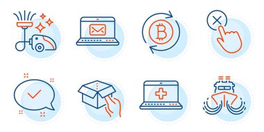 Bitcoin 'i, elektrik süpürgesini ve Reddet işaretlerini tazele. Bekleme kutusu, tıbbi yardım ve onaylanmış satır simgeleri ayarlandı. Gemi, e-posta sembolleri. Teslimat paketi, Medicine laptop. Teknoloji hazır. Vektör