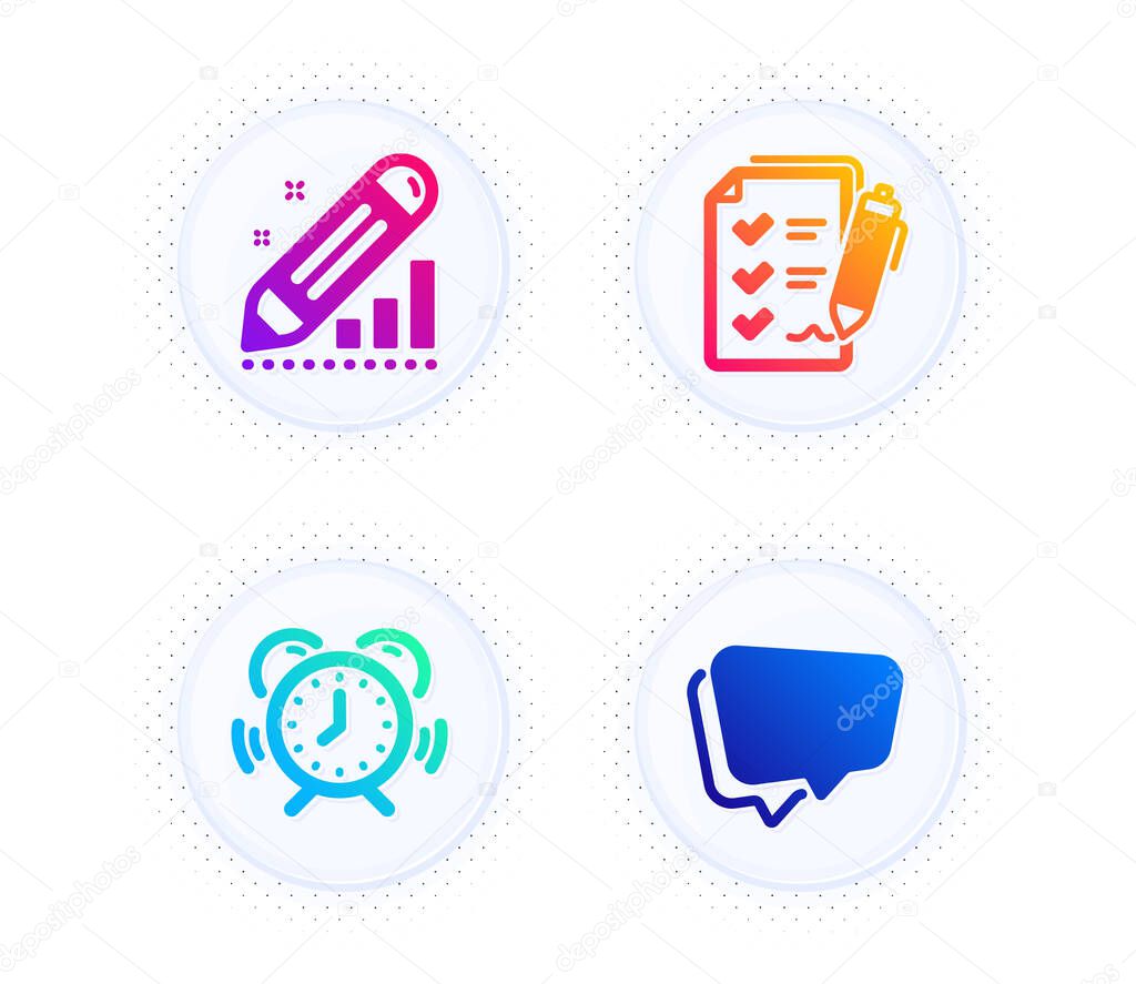 Time management, Survey checklist and Edit statistics icons simple set. Button with halftone dots. Speech bubble sign. Alarm clock, Report, Seo manage. Chat message. Education set. Vector