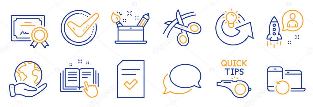 Set of Education icons, such as Scissors, Creativity concept. Certificate, save planet. Messenger, Startup, Recovery devices. Checked file, Technical documentation, Share idea. Vector