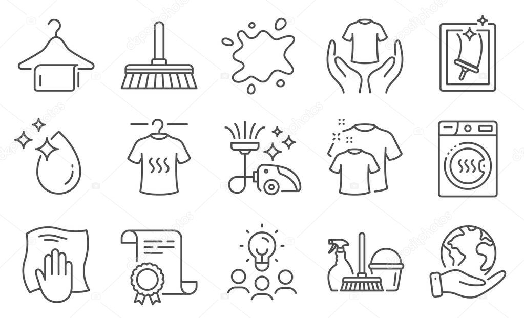 Set of Cleaning icons, such as Washing cloth, Window cleaning. Diploma, ideas, save planet. Clean towel, Household service, Hold t-shirt. Water drop, Dirty spot, Dry t-shirt. Vector