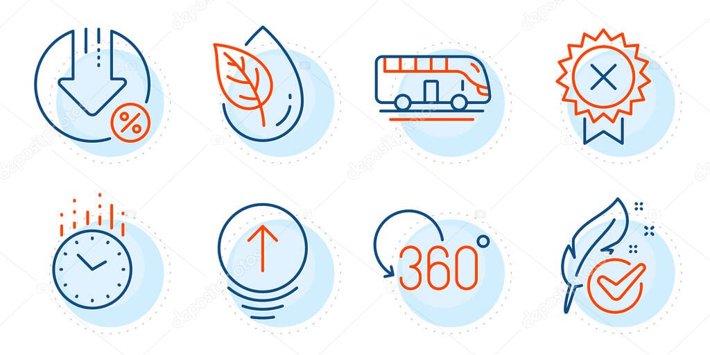 Bus tour, Swipe up and Organic product signs. Reject medal, Hypoallergenic tested and Time line icons set. Full rotation, Loan percent symbols. Award rejection, Feather. Technology set. Vector