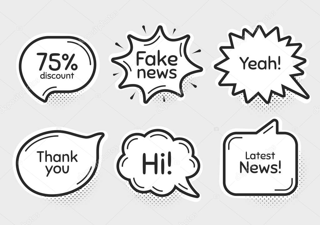 Comic chat bubbles. Fake news, 75% discount and latest news. Thank you, hi and yeah phrases. Sale shopping text. Chat messages with phrases. Drawing texting thought speech bubbles. Vector