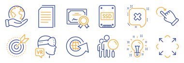 Artırılmış gerçeklik, Döndürme jesti gibi bir dizi teknoloji ikonu. Sertifika, gezegeni kurtar. Reddedildi, SSD, Dünya küresi. Fikir, dosyaları kopyala, büyüt. Hedef amacı, insanların çizgi simgelerini araştırmak. Vektör