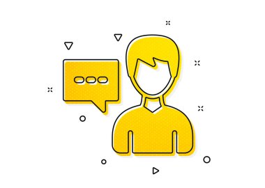 Sohbet balonu işareti olan bir erkek. Kullanıcı iletişim simgesi. İnsan silueti sembolü. Sarı daireler şeklinde. Klasik insan dili ikonu. Geometrik elementler. Vektör
