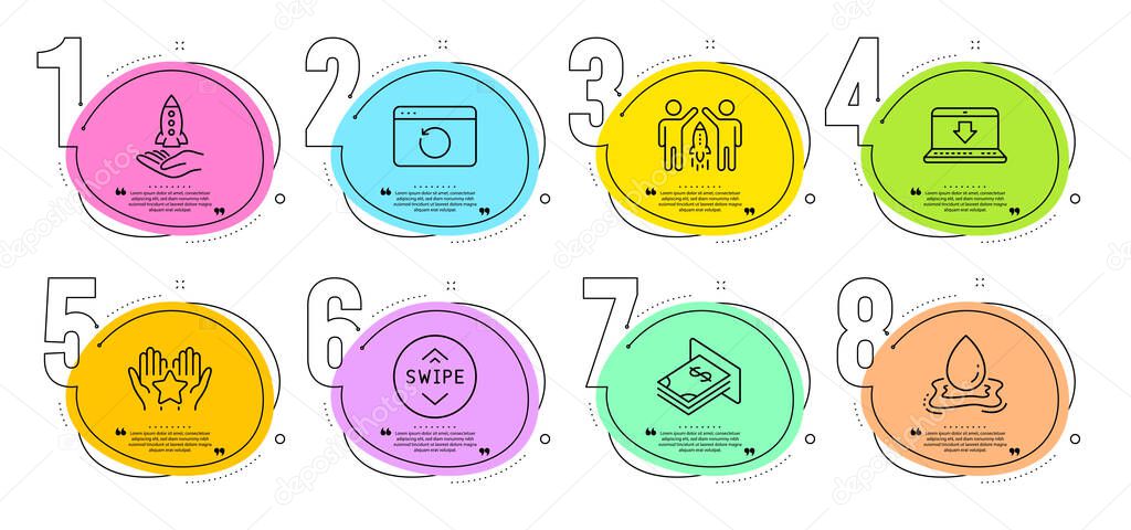 Recovery internet, Partnership and Internet downloading signs. Timeline steps infographic. Ranking, Swipe up and Crowdfunding line icons set. Water splash, Atm money symbols. Vector