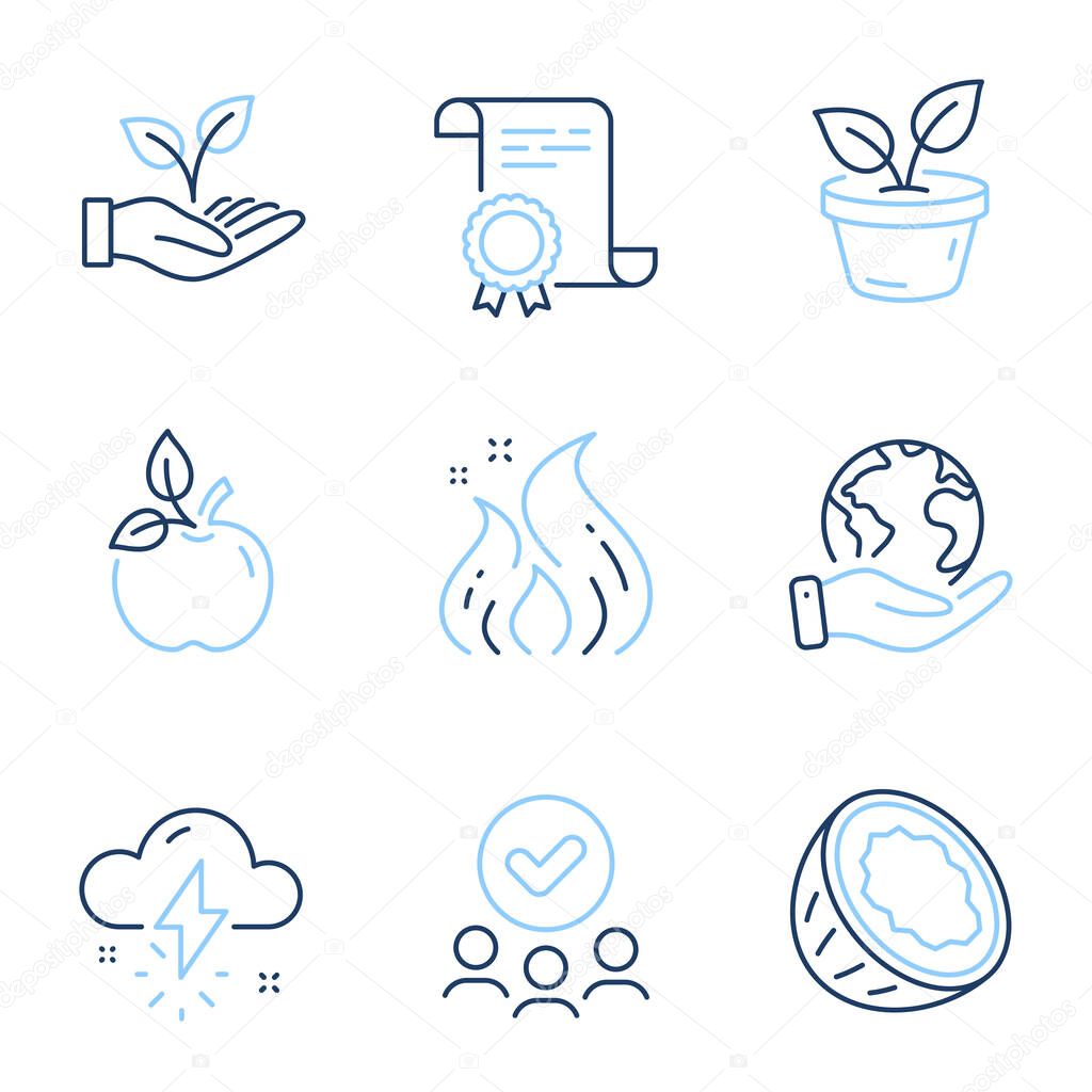 Thunderstorm weather, Coconut and Helping hand line icons set. Diploma certificate, save planet, group of people. Eco food, Fire energy and Leaves signs. Vector