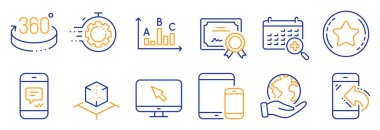 Seo Zamanlayıcı gibi bir dizi teknoloji ikonu, internet. Sertifika, gezegeni kurtar. Sadakat yıldızı, Artırılmış gerçeklik, 360 derece. Anket sonuçları, mobil cihazlar, gelen arama. Vektör